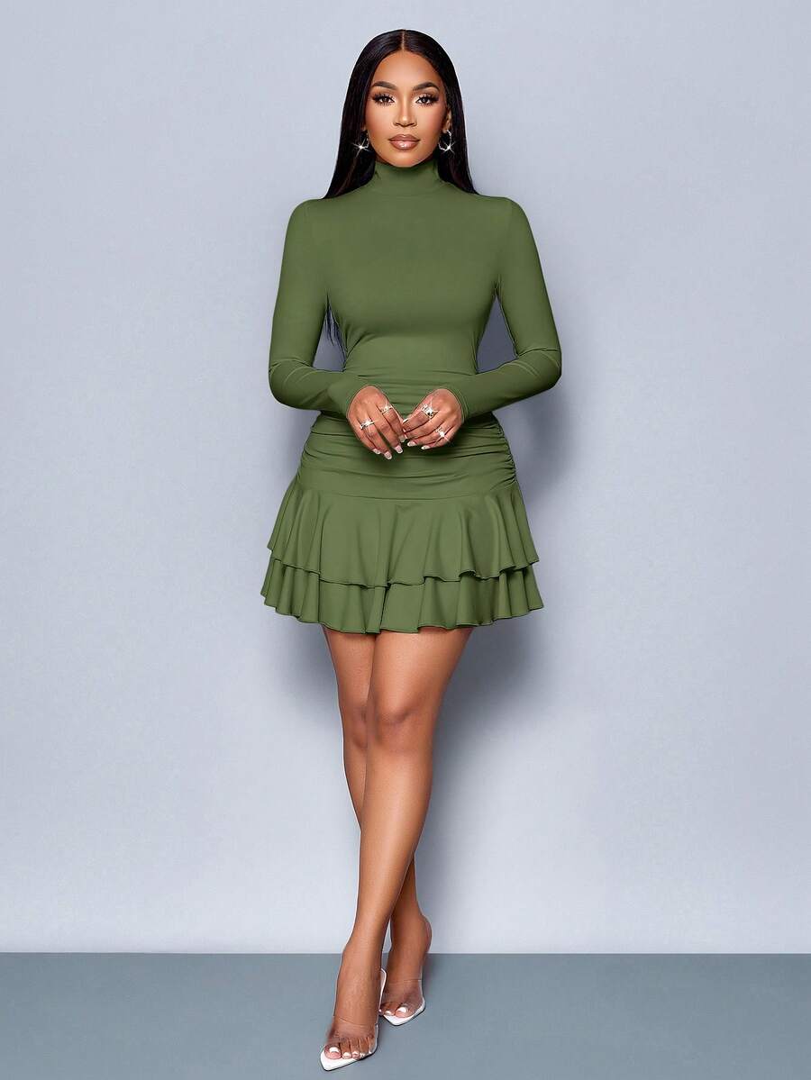 SOLERSUN Winter Clothes For Women Dresses For Women Elegant Elegant Party Daytime Apricot Knitted High Neck Long Sleeves Gathered Double Ruffled Mini Dress Fall Cloth For Women