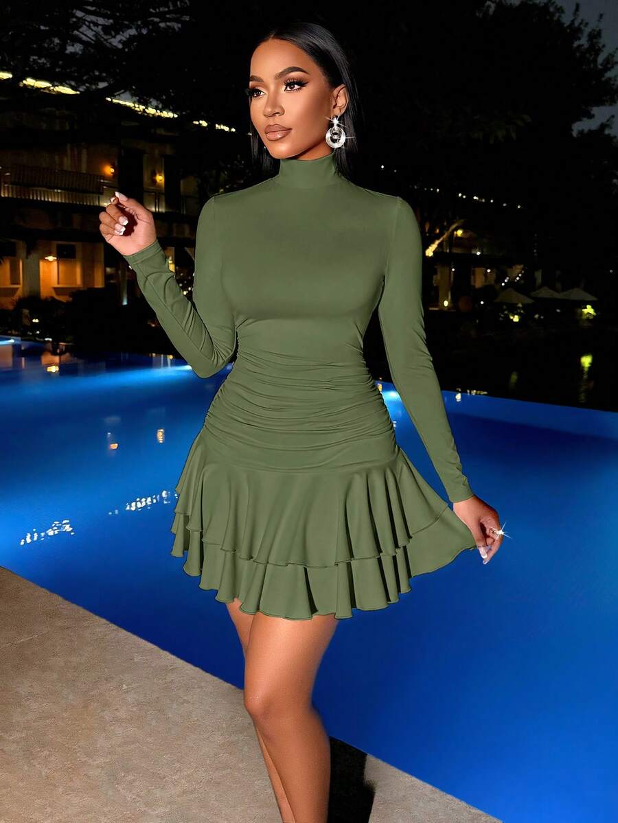 SOLERSUN Winter Clothes For Women Dresses For Women Elegant Elegant Party Daytime Apricot Knitted High Neck Long Sleeves Gathered Double Ruffled Mini Dress Fall Cloth For Women