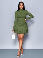 SOLERSUN Winter Clothes For Women Dresses For Women Elegant Elegant Party Daytime Apricot Knitted High Neck Long Sleeves Gathered Double Ruffled Mini Dress Fall Cloth For Women