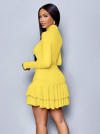 SOLERSUN Winter Clothes For Women Dresses For Women Elegant Elegant Party Daytime Apricot Knitted High Neck Long Sleeves Gathered Double Ruffled Mini Dress Fall Cloth For Women