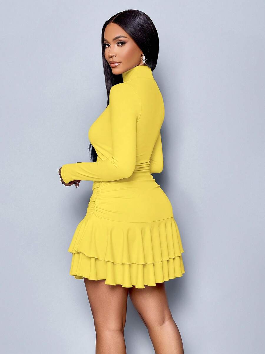 SOLERSUN Winter Clothes For Women Dresses For Women Elegant Elegant Party Daytime Apricot Knitted High Neck Long Sleeves Gathered Double Ruffled Mini Dress Fall Cloth For Women