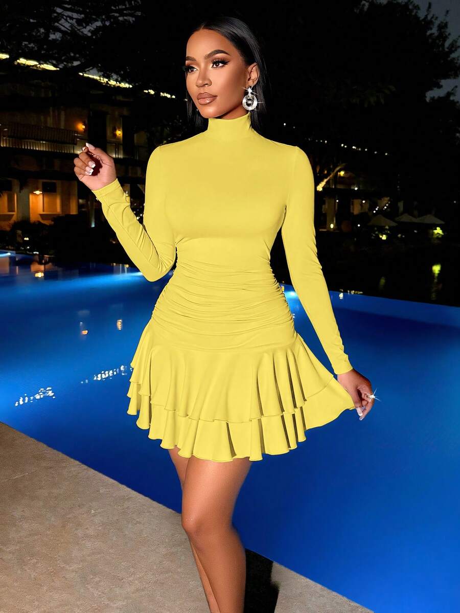 SOLERSUN Winter Clothes For Women Dresses For Women Elegant Elegant Party Daytime Apricot Knitted High Neck Long Sleeves Gathered Double Ruffled Mini Dress Fall Cloth For Women