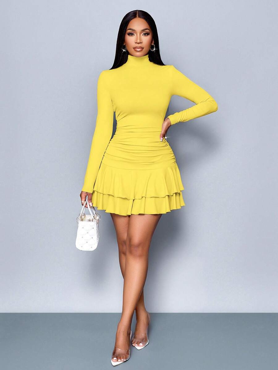 SOLERSUN Winter Clothes For Women Dresses For Women Elegant Elegant Party Daytime Apricot Knitted High Neck Long Sleeves Gathered Double Ruffled Mini Dress Fall Cloth For Women