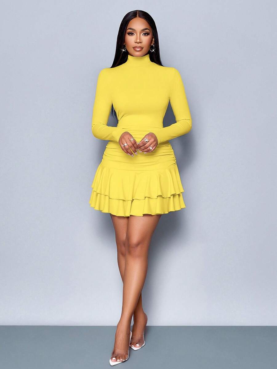 SOLERSUN Winter Clothes For Women Dresses For Women Elegant Elegant Party Daytime Apricot Knitted High Neck Long Sleeves Gathered Double Ruffled Mini Dress Fall Cloth For Women