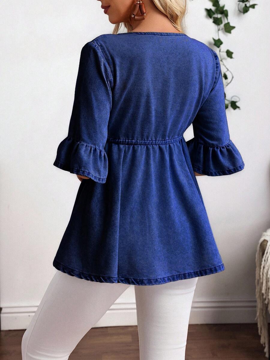 EMERY ROSE Plus Size Casual Drawstring Waist Ruffle Sleeve Denim Jacket Autumn And Winter New Loose Ruffled Romantic Three-Quarter Sleeve Denim Jacket Kimono