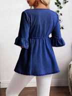 EMERY ROSE Plus Size Casual Drawstring Waist Ruffle Sleeve Denim Jacket Autumn And Winter New Loose Ruffled Romantic Three-Quarter Sleeve Denim Jacket Kimono