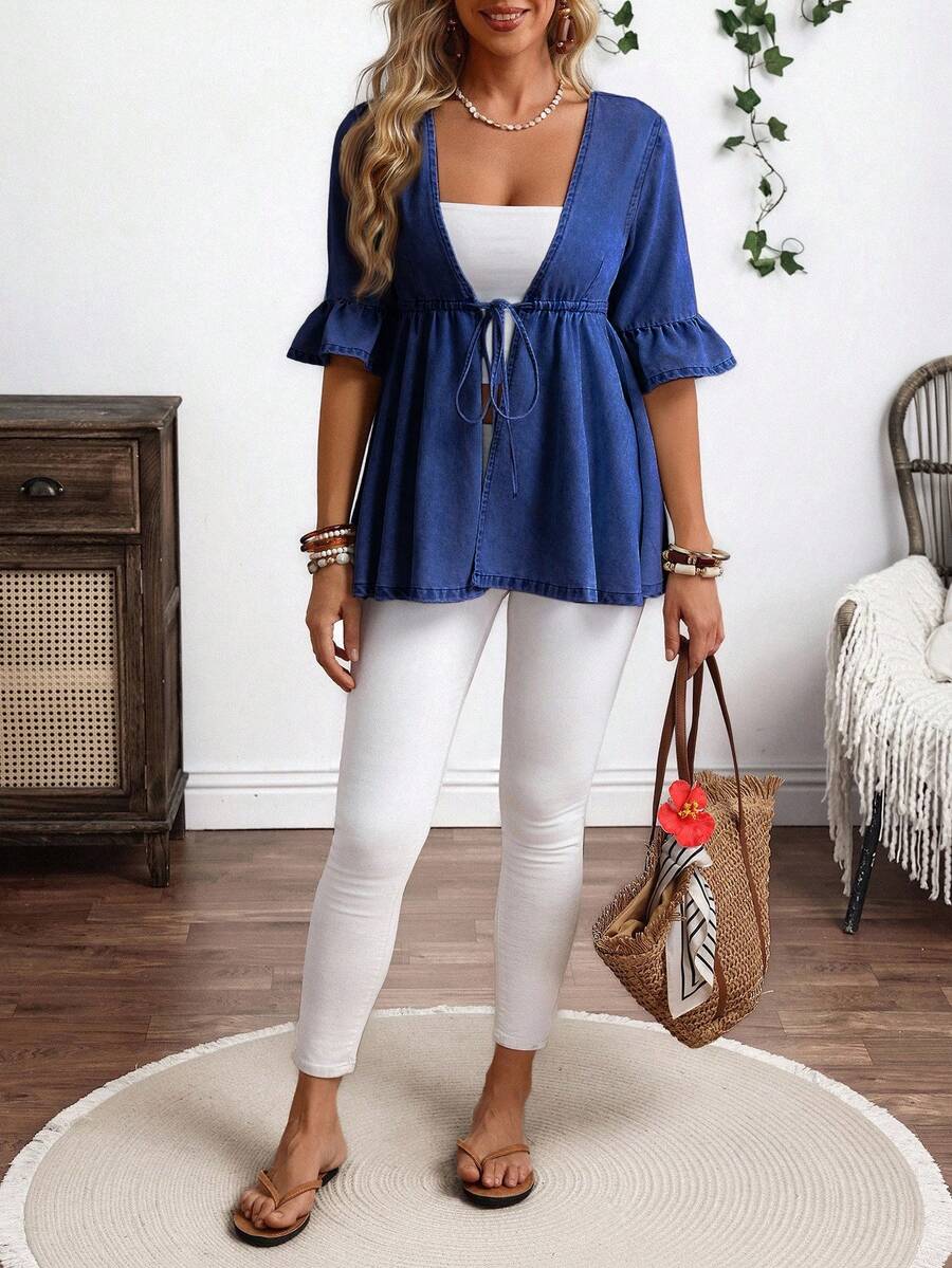 EMERY ROSE Plus Size Casual Drawstring Waist Ruffle Sleeve Denim Jacket Autumn And Winter New Loose Ruffled Romantic Three-Quarter Sleeve Denim Jacket Kimono