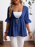EMERY ROSE Plus Size Casual Drawstring Waist Ruffle Sleeve Denim Jacket Autumn And Winter New Loose Ruffled Romantic Three-Quarter Sleeve Denim Jacket Kimono