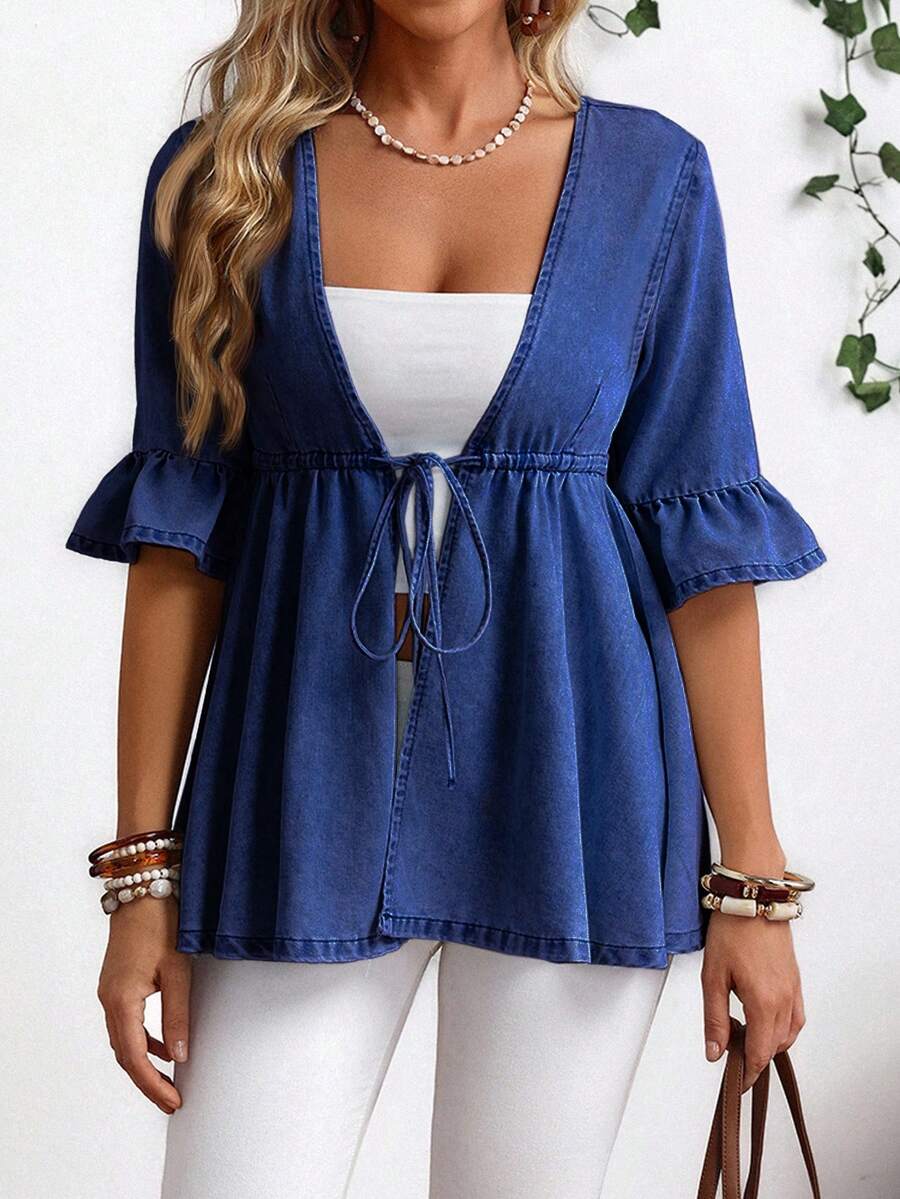 EMERY ROSE Plus Size Casual Drawstring Waist Ruffle Sleeve Denim Jacket Autumn And Winter New Loose Ruffled Romantic Three-Quarter Sleeve Denim Jacket Kimono