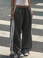 Muchica Women's White Striped Knitted Sweatpants Extra Long Straight Leg Pink Side Stripe Loose Fit Casual Track Pants For Everyday Wear White Beach Pants White Wide Leg Pants Women Wide Pants Wide Leg Summer Pants Palazzo Pants Women White Track Pants Women