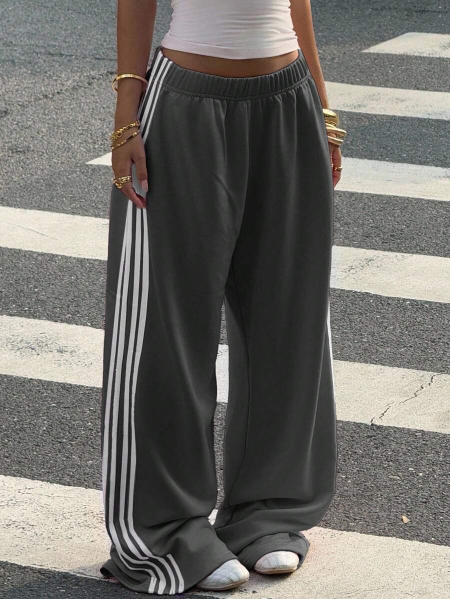 Muchica Women's White Striped Knitted Sweatpants Extra Long Straight Leg Pink Side Stripe Loose Fit Casual Track Pants For Everyday Wear White Beach Pants White Wide Leg Pants Women Wide Pants Wide Leg Summer Pants Palazzo Pants Women White Track Pants Women