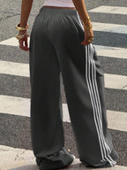 Muchica Women's White Striped Knitted Sweatpants Extra Long Straight Leg Pink Side Stripe Loose Fit Casual Track Pants For Everyday Wear White Beach Pants White Wide Leg Pants Women Wide Pants Wide Leg Summer Pants Palazzo Pants Women White Track Pants Women