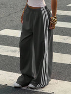 Muchica Women's White Striped Knitted Sweatpants Extra Long Straight Leg Pink Side Stripe Loose Fit Casual Track Pants For Everyday Wear White Beach Pants White Wide Leg Pants Women Wide Pants Wide Leg Summer Pants Palazzo Pants Women White Track Pants Women