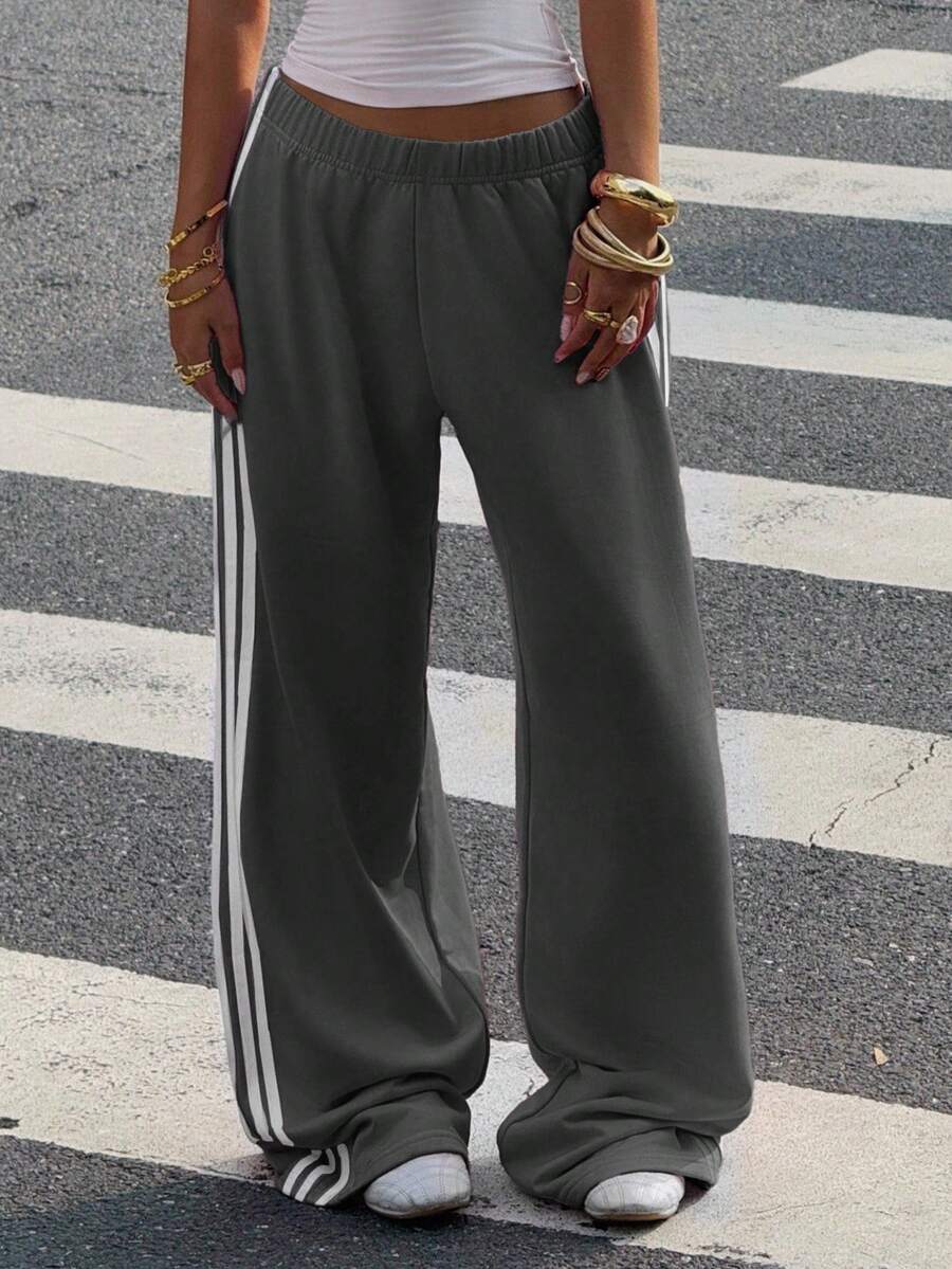 Muchica Women's White Striped Knitted Sweatpants Extra Long Straight Leg Pink Side Stripe Loose Fit Casual Track Pants For Everyday Wear White Beach Pants White Wide Leg Pants Women Wide Pants Wide Leg Summer Pants Palazzo Pants Women White Track Pants Women
