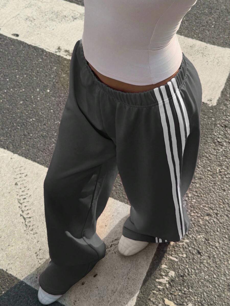 Muchica Women's White Striped Knitted Sweatpants Extra Long Straight Leg Pink Side Stripe Loose Fit Casual Track Pants For Everyday Wear White Beach Pants White Wide Leg Pants Women Wide Pants Wide Leg Summer Pants Palazzo Pants Women White Track Pants Women