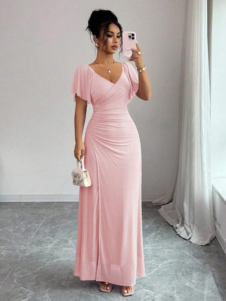Elenzga Women's Light Purple V-Neck Ruffle Sleeve Pleated Waist Split Dress, Elegant Bridesmaid Dress, Party Gown, Spring/Summer