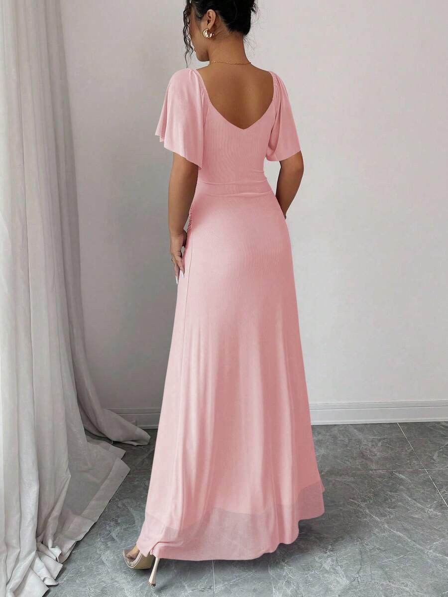 Elenzga Women's Light Purple V-Neck Ruffle Sleeve Pleated Waist Split Dress, Elegant Bridesmaid Dress, Party Gown, Spring/Summer