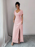 Elenzga Women's Light Purple V-Neck Ruffle Sleeve Pleated Waist Split Dress, Elegant Bridesmaid Dress, Party Gown, Spring/Summer