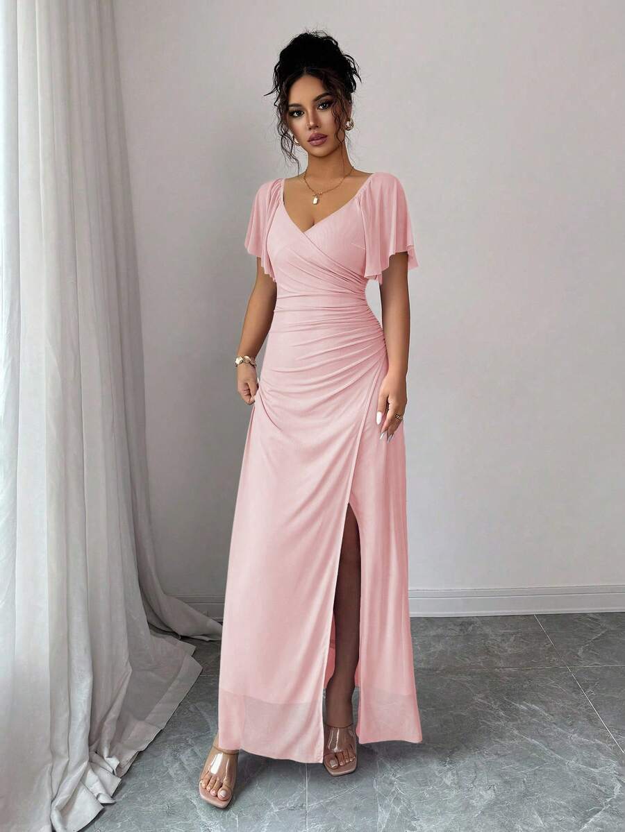 Elenzga Women's Light Purple V-Neck Ruffle Sleeve Pleated Waist Split Dress, Elegant Bridesmaid Dress, Party Gown, Spring/Summer