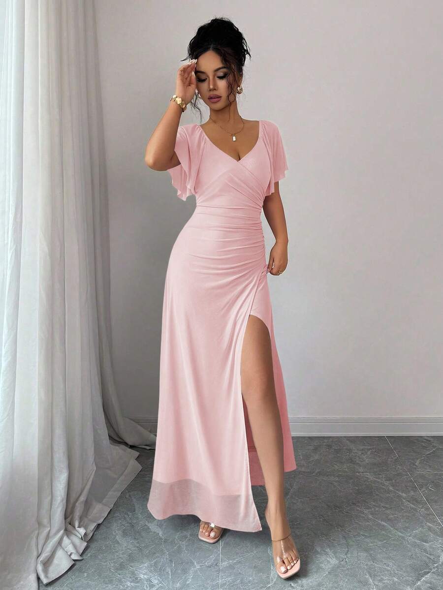 Elenzga Women's Light Purple V-Neck Ruffle Sleeve Pleated Waist Split Dress, Elegant Bridesmaid Dress, Party Gown, Spring/Summer