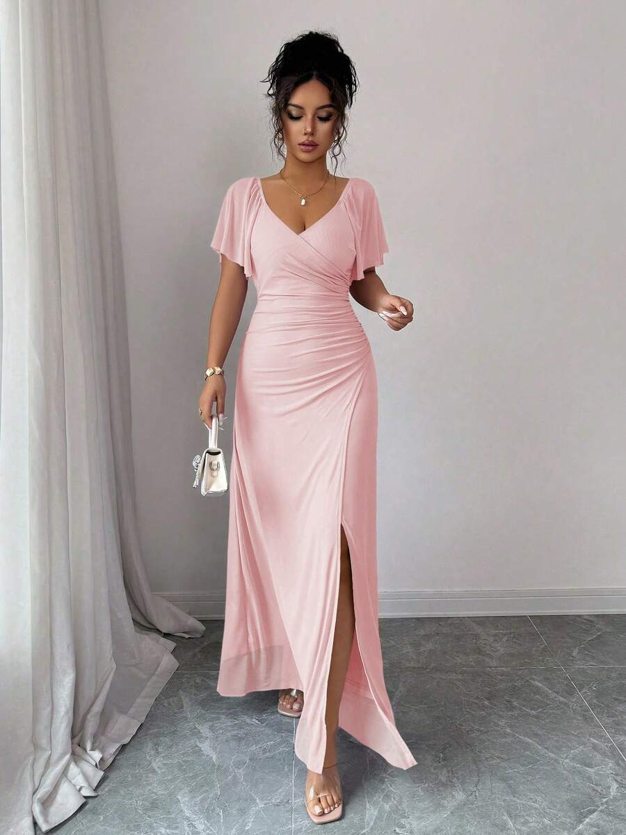 Elenzga Women's Light Purple V-Neck Ruffle Sleeve Pleated Waist Split Dress, Elegant Bridesmaid Dress, Party Gown, Spring/Summer