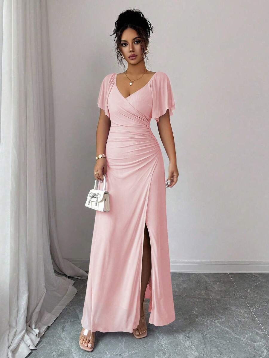 Elenzga Women's Light Purple V-Neck Ruffle Sleeve Pleated Waist Split Dress, Elegant Bridesmaid Dress, Party Gown, Spring/Summer