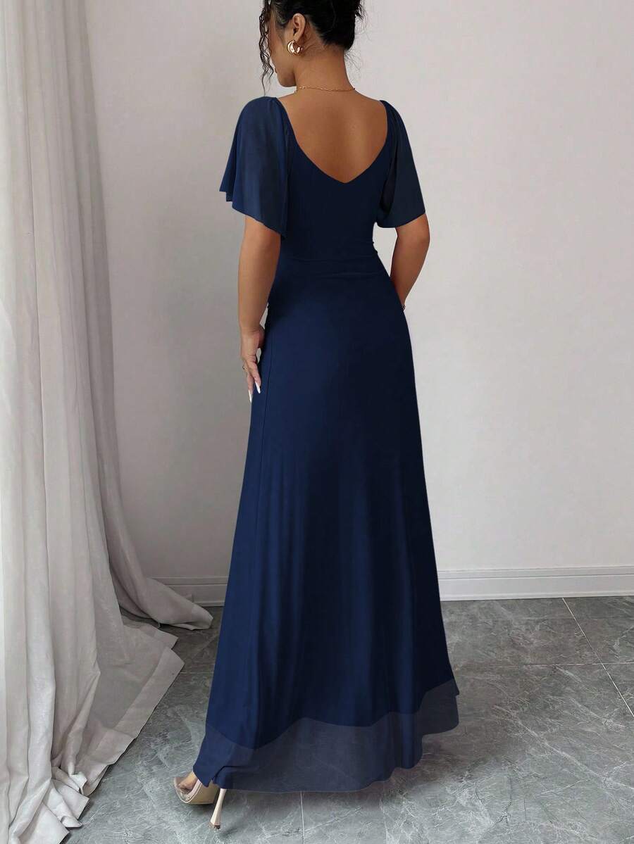 Elenzga Women's Light Purple V-Neck Ruffle Sleeve Pleated Waist Split Dress, Elegant Bridesmaid Dress, Party Gown, Spring/Summer