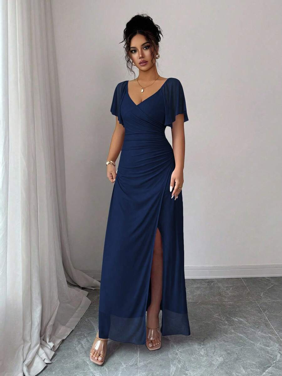 Elenzga Women's Light Purple V-Neck Ruffle Sleeve Pleated Waist Split Dress, Elegant Bridesmaid Dress, Party Gown, Spring/Summer
