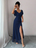 Elenzga Women's Light Purple V-Neck Ruffle Sleeve Pleated Waist Split Dress, Elegant Bridesmaid Dress, Party Gown, Spring/Summer