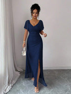 Elenzga Women's Light Purple V-Neck Ruffle Sleeve Pleated Waist Split Dress, Elegant Bridesmaid Dress, Party Gown, Spring/Summer