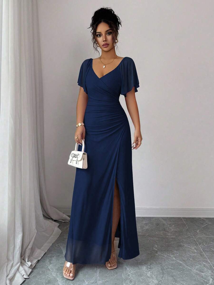 Elenzga Women's Light Purple V-Neck Ruffle Sleeve Pleated Waist Split Dress, Elegant Bridesmaid Dress, Party Gown, Spring/Summer