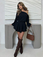 Jemour Women Casual Asymmetric Collar Lantern Sleeve Ruffle Hem Short Dress, Brunch Women Outfit,Fall Women Dresses,Tea Party Dress