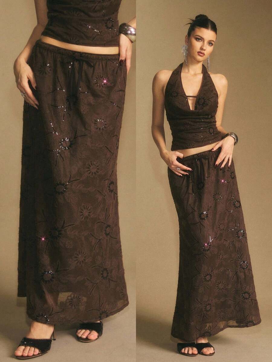 Poéselle Women's Skirt, Floor Length Maxi Skirt, Tie At Waist, Cute Skirt, Low Waist Skirt