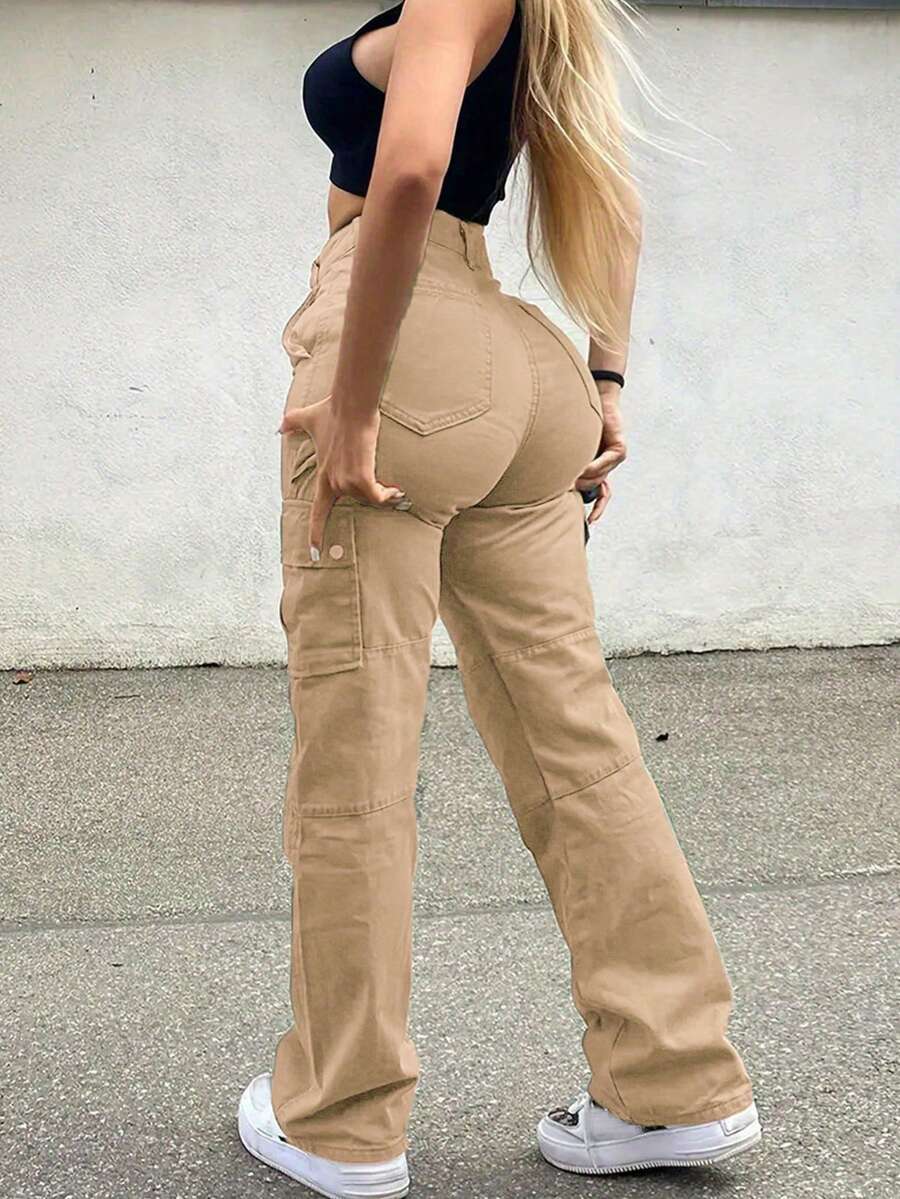 GILIPUR New Solid Color Women's Cargo Wide-Leg Pants, Elastic Waist Design, Multiple Pockets, Casual Style, Y2K Style, Elegant And Fashionable, Suitable Streetwear, 2000s Style, Autumn And Winter Outfits, Retro Clothing Style Perfect For New Year Winter And Thanksgiving