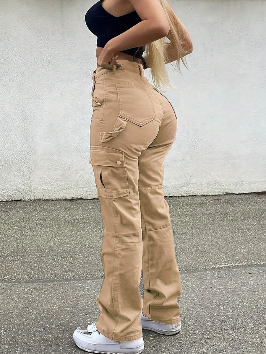 GILIPUR New Solid Color Women's Cargo Wide-Leg Pants, Elastic Waist Design, Multiple Pockets, Casual Style, Y2K Style, Elegant And Fashionable, Suitable Streetwear, 2000s Style, Autumn And Winter Outfits, Retro Clothing Style Perfect For New Year Winter And Thanksgiving