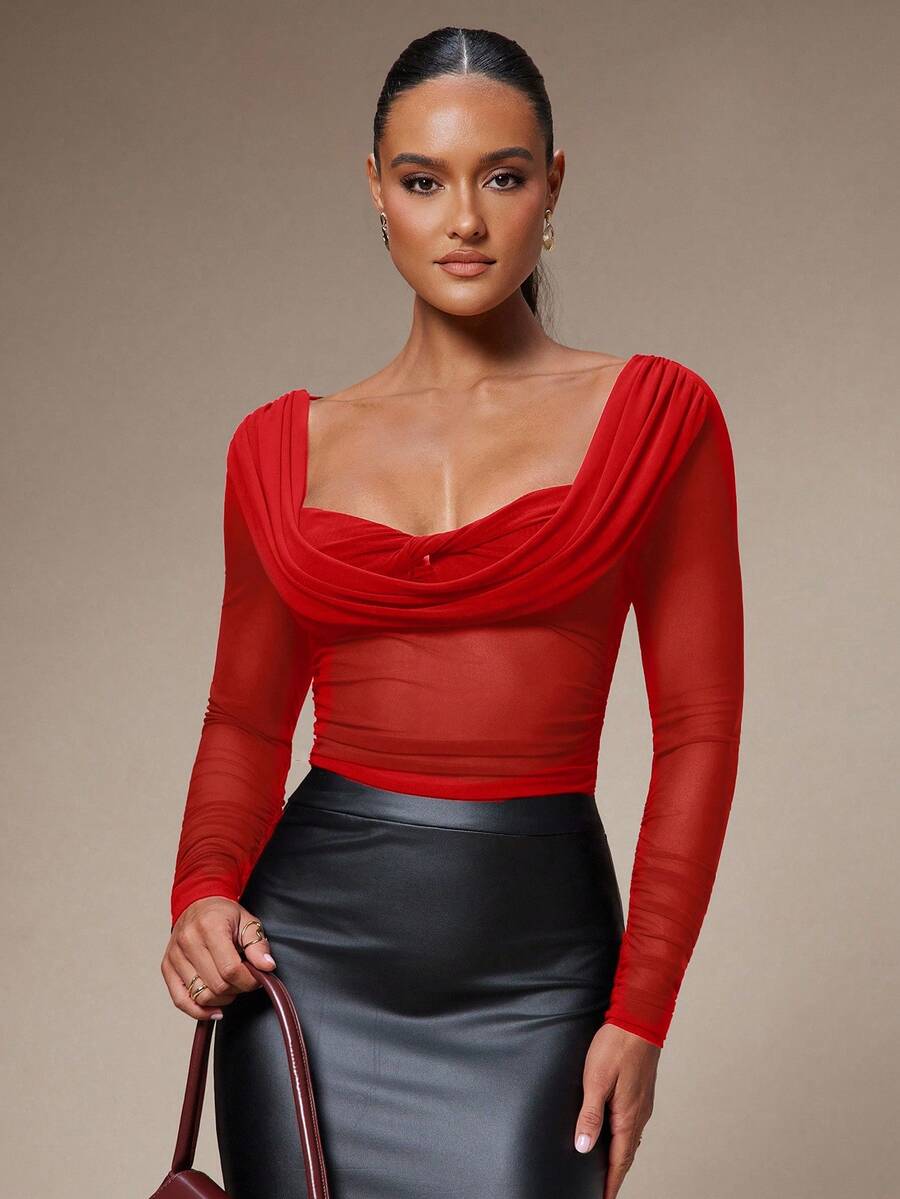 Silquee Women's Solid Color Plunging Neck Long Sleeve Fitted Fashionable Mesh Blouse See Through Top Mesh Top Top Long Sleeve Top
