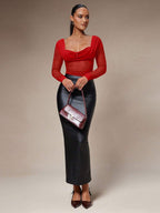 Silquee Women's Solid Color Plunging Neck Long Sleeve Fitted Fashionable Mesh Blouse See Through Top Mesh Top Top Long Sleeve Top
