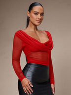 Silquee Women's Solid Color Plunging Neck Long Sleeve Fitted Fashionable Mesh Blouse See Through Top Mesh Top Top Long Sleeve Top