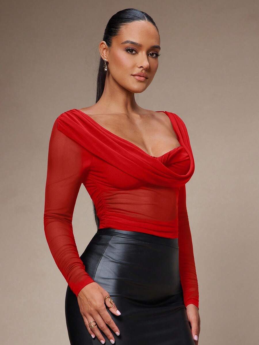 Silquee Women's Solid Color Plunging Neck Long Sleeve Fitted Fashionable Mesh Blouse See Through Top Mesh Top Top Long Sleeve Top