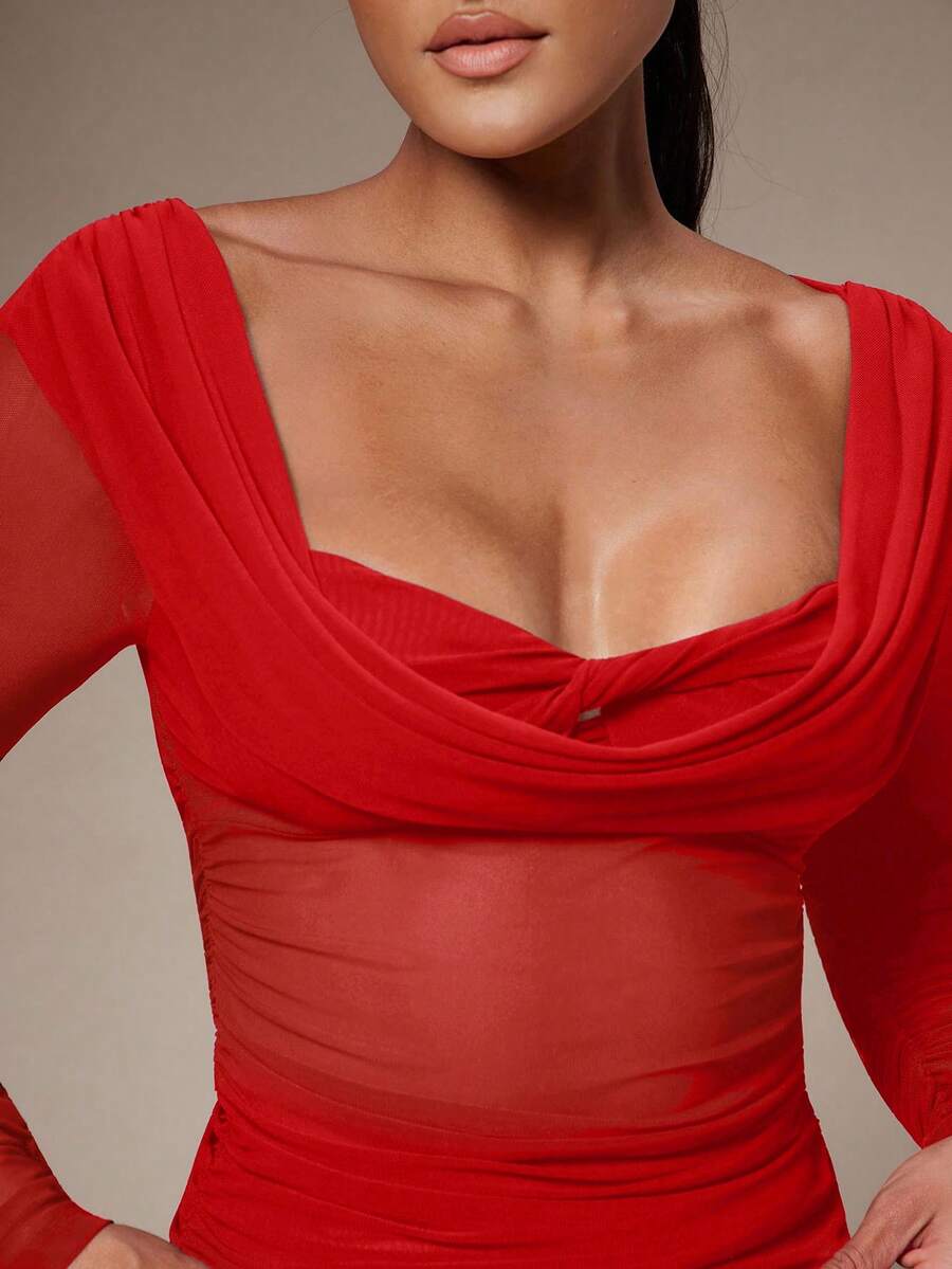 Silquee Women's Solid Color Plunging Neck Long Sleeve Fitted Fashionable Mesh Blouse See Through Top Mesh Top Top Long Sleeve Top