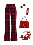 SHEIN Clasi Summer Elegant Women's Plaid Printed Elastic Knitted Pants, Suitable For Various Occasions, Suitable For Summer Vacation, Elegant Travel, And Daily Commuting Business Casual Woman