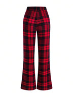 SHEIN Clasi Summer Elegant Women's Plaid Printed Elastic Knitted Pants, Suitable For Various Occasions, Suitable For Summer Vacation, Elegant Travel, And Daily Commuting Business Casual Woman