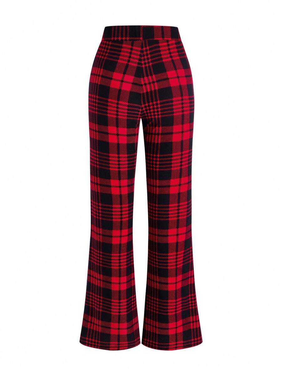 SHEIN Clasi Summer Elegant Women's Plaid Printed Elastic Knitted Pants, Suitable For Various Occasions, Suitable For Summer Vacation, Elegant Travel, And Daily Commuting Business Casual Woman