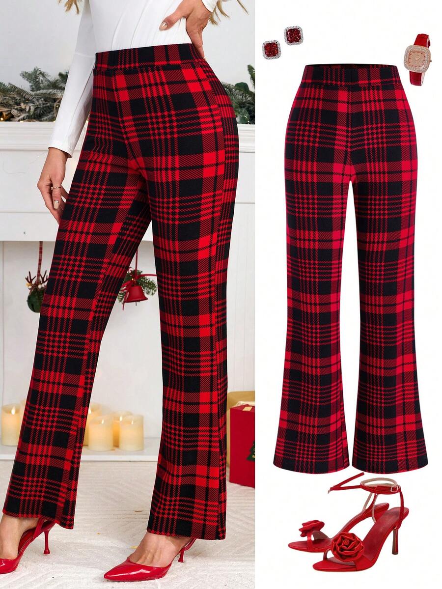 SHEIN Clasi Summer Elegant Women's Plaid Printed Elastic Knitted Pants, Suitable For Various Occasions, Suitable For Summer Vacation, Elegant Travel, And Daily Commuting Business Casual Woman