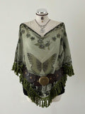 Sunspun Elegant, Vacation, Boho Chiffon Crinkle Tie-Dye Print Patchwork Fringe Trim Poncho Top, Spring/Summer/Fall