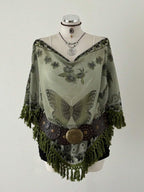 Sunspun Elegant, Vacation, Boho Chiffon Crinkle Tie-Dye Print Patchwork Fringe Trim Poncho Top, Spring/Summer/Fall