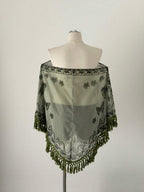 Sunspun Elegant, Vacation, Boho Chiffon Crinkle Tie-Dye Print Patchwork Fringe Trim Poncho Top, Spring/Summer/Fall