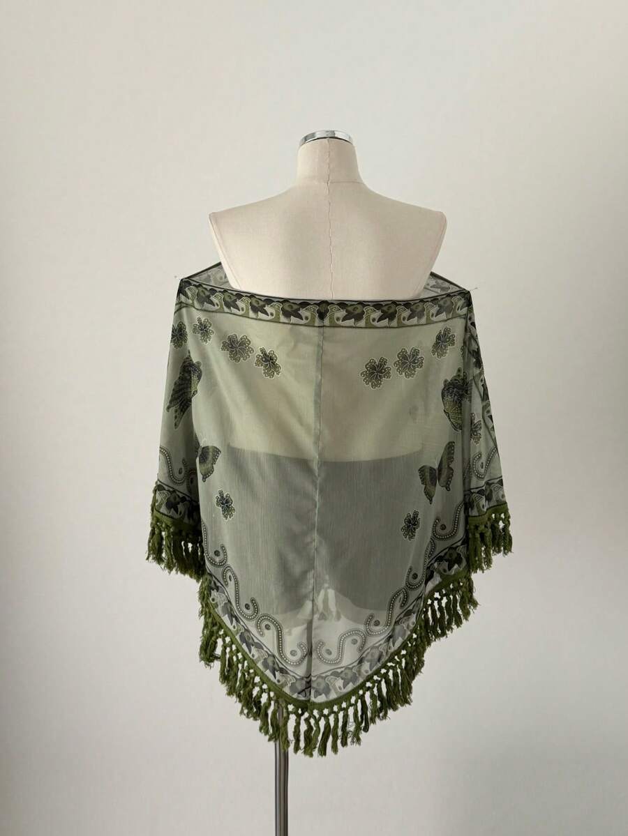 Sunspun Elegant, Vacation, Boho Chiffon Crinkle Tie-Dye Print Patchwork Fringe Trim Poncho Top, Spring/Summer/Fall
