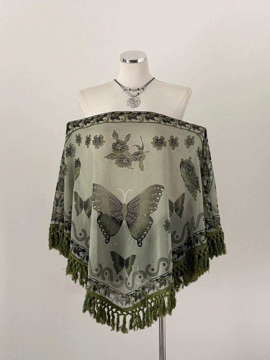 Sunspun Elegant, Vacation, Boho Chiffon Crinkle Tie-Dye Print Patchwork Fringe Trim Poncho Top, Spring/Summer/Fall