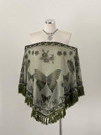 Sunspun Elegant, Vacation, Boho Chiffon Crinkle Tie-Dye Print Patchwork Fringe Trim Poncho Top, Spring/Summer/Fall
